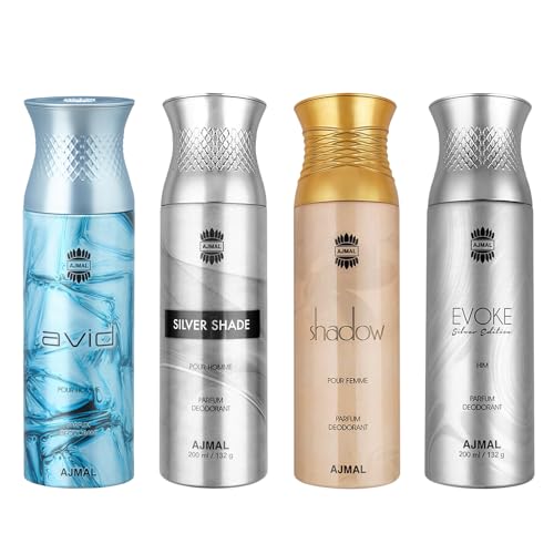 Ajmal Avid Pour Homme, Silver Shade, Shadow, And Evoke Silver Edition Him Deodorant Perfume 200Ml Each – Pack Of 4 For Men
