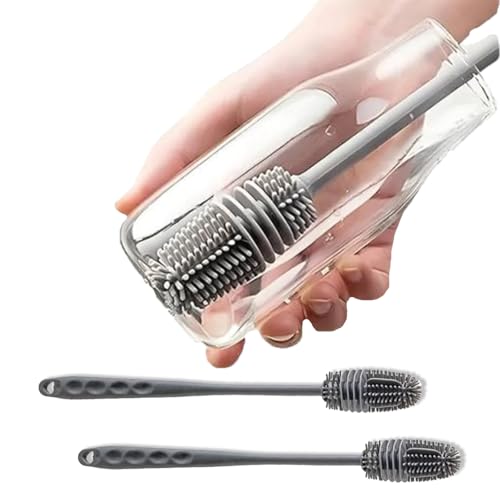 2-In-1 Silicone Bottle Cleaning Brush With Long Handle | Multipurpose Kitchen Bottle, Mug & Jar Cleaner For Home Use | Reusable, Flexible & Hygienic Brush (Grey, Pack Of 1)