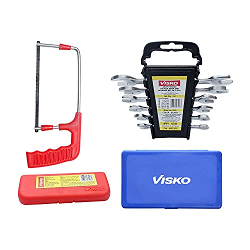 Visko Hand Tools Combo | 819 Tools Combo With 6″Junior Hacksaw Frame | With Plastic Handle | Crv Allen Key Set | Blue | Pack Of 9 | Combination Screwdriver Set | Pack Of 6 | Doe Spanner Set | Silver, 8-Pieces | Household Appliances |