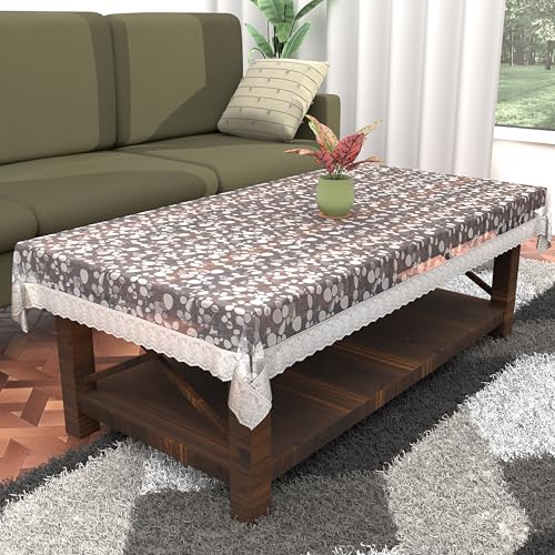 Kuber Industries Table Cloth|Center Table Cover|Round Table Cover|Table Cover 4 Seater|3D Coin Print With Silver Lace|(Transparent)