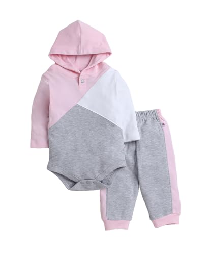 Bumzee Grey Melange Girls Full Sleeves Cotton Hooded Bodysuit & Jogger Set Age – 0-3 Months (Peb9844B-Gry)