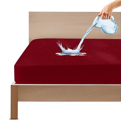 Gadda Co 100% Waterproof Premium Cotton Feel Mattress Protector Double Bed 72X72 Inch|Ultra Soft Breathable & Hypoallergenic Fitted Bed Protector Terry Cover(6X6 Feet, Fits Upto 10 Inches, Maroon)