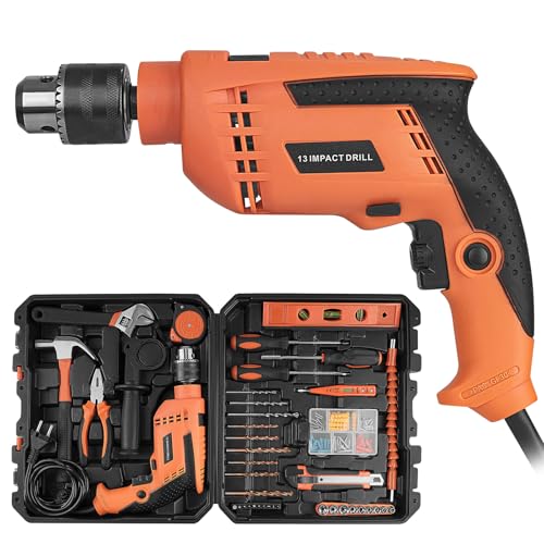 Tiagowell Electric Corded Impact Drill Tool Set, Professional Impact Drill Tool Kit, 1000 Watt, 2600 Rpm, Variable Speed Hanmmer Drill Machine And Hand Tool Kit For Home Improvement
