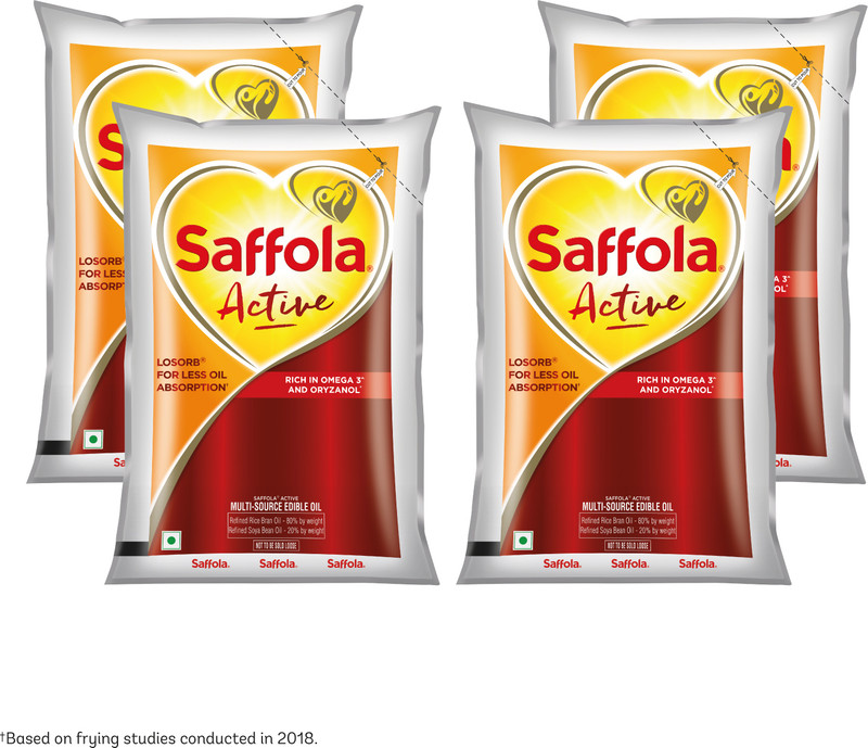 Saffola Active, Rich In Omega 3 & Oryzanol, Multi-Source Edible Rice Bran & Soyabean Blended Oil Pouch(4 X 1 L)