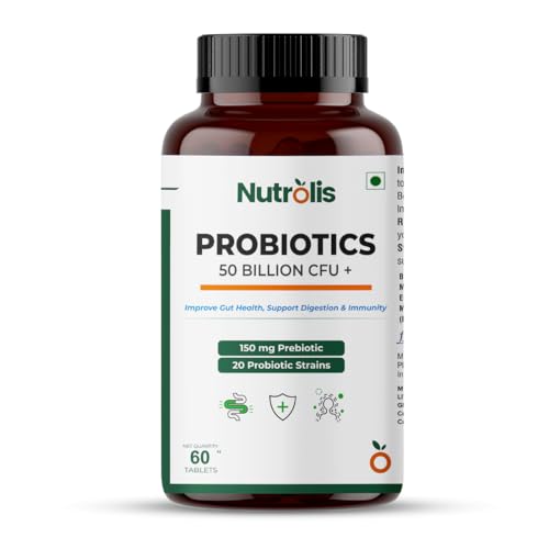 Nutrolis Prebiotic And Probiotic Supplement For Gut Health | 50 Billion Cfu | 20 Probiotic Strains + 150Mg Prebiotic | Supports Better Digestion, Immunity & Aids Bloating | For Men & Women | 60 Vegetarian Tablets
