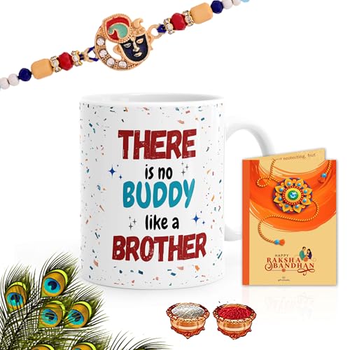 Gift Arcadia Rakhi For Brother With Printed Ceramic Mug Combo |Pack Of 4 (Greeting Card, Roli Chawal, Rakhi, Printed Mug) | Best Gift For Brother (White-1)