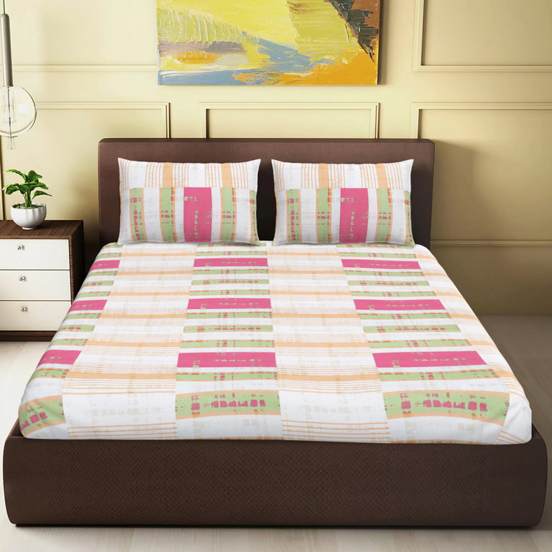 CARLTON LONDON 120 TC Cotton Double Striped Flat Bedsheet(Pack of 1, Purple Yellow)