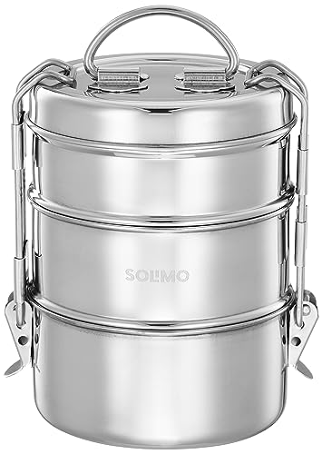 Amazon Brand – Solimo Stainless Steel Tiffin Container | With Retractive, Space-Saving Handles | 3 Compartments
