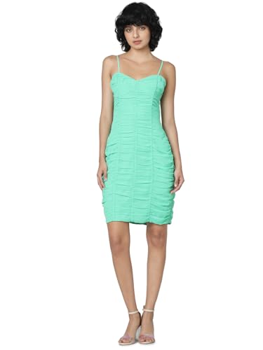 Only Women Textured Polyester Above Knee Green Bodycon Dress