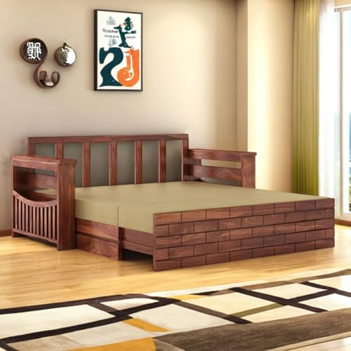 Mamta Decoration Solid Sheesham Wood 3 Seater Sofa Cum Bed With Drawer And Side Pocket Storage | Wooden Italian Bed With Headboard | Multipurpose Sofa Furniture For Home And Living Room (Honey Finish)