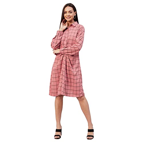 Marie Claire Women Casual Peach Color Knee Length Checked Dress