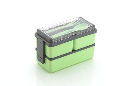 Plastic Lunch Box Comes With 3 Detachable Box, 2 Spoons & Stylish Lid Bpa Free, Air Tight,Easy To Carry In Bagpack Ideal For Office, School & Oudoor Double Decker (Multicolor), 1.4 Liters