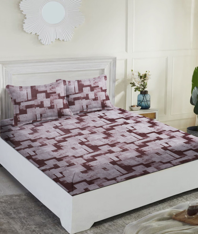Carlton London 144 Tc Cotton Double Geometric Flat Bedsheet(Pack Of 1, Brown White)