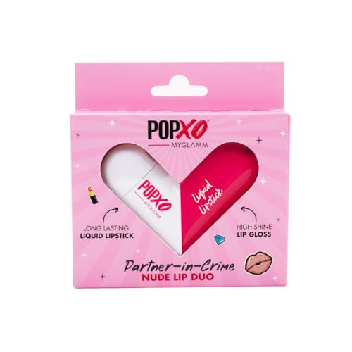 Myglamm Popxo Liquid Lipstick & Lip Gloss Kit – Partner In Crime (Nude) | Lip Gloss & Lipstick Combo For Women| Twisting Heart Shape | Long Lasting Matte Liquid Lipstick | Hi-Shine Lip Gloss |2.5Ml Each