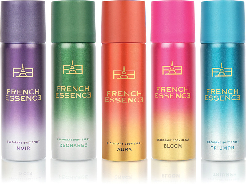FRENCH ESSENCE Luxury Combo Pack Noir,Recharge,Aura,Bloom & Triumph(50ml Each) Long Lasting Deo Deodorant Spray – For Men & Women(50 ml, Pack of 5)
