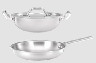 Amazon Basics Triply Stainless Steel 3 Pc Cookware Set | 24 Cm Kadai With Lid & 22 Cm Frypan Without Lid| Fast & Even Heating | Induction & Gas Compatible | Silver | 2.4 Kg