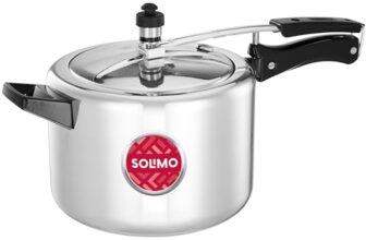 Amazon Brand – Solimo – Sleek Induction Bottom Aluminium Pressure Cooker – 5 Liter (Inner Lid), Silver