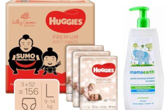 Huggies Premium Soft Pants Sumo Monthly Pack, Large Size Diaper Pants, 156 Count & Mamaearth Gentle Cleansing Natural Baby Shampoo, 400Ml (White)