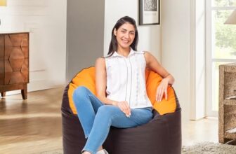 Amazon Brand – Solimo Premium Faux Leather Muddha Bean Bag Filled With Beans | High-Density Beans For Comfortable Seating | Capacity : Up To 6 Ft 3 In Height, 120 Kg, 4 Xl | Brown & Orange