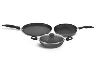 ‎Preethi Daily Collection Non Stick Set, 28 Cm Tawa, 24 Cm Fry Pan, Kadai 24 Cm, With Glass Lid, 5 Star Non Stick Effect, Grey