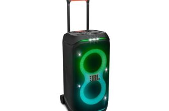 Jbl Partybox 320, Portable Bluetooth 240W Party Speaker, Ai Sound Boost, Futuristic Light Show, Multispeaker Connection By Auracast, Telescopic Handle & Wheels, Dual Guitar & Mic Inputs (Black)