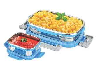 Signoraware Quickmeal Stainless Steel Small Lunch Box | Airtight & Leakproof | Microwave Safe | Portion Control | Easy To Carry | Ideal For Office, School, Kids & Travel (650Ml + 130Ml | Tblue)