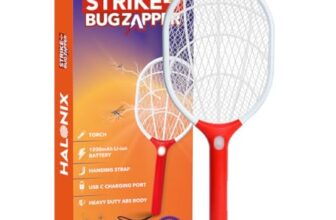 Halonix Strike Plus Bug Zapper Anti-Mosquito Racquet, Insect Killer Bat With Torch With Rechargeable 1200 Mah Battery | Mosquito Bat | Fly Swatter | Type C Cable Charging, Orange