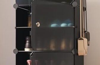 Boxjoy 6 Shelf Black Shoe Rack With 3 Doors, Magnets, 5 Hook Steel Holder & Wooden Hammer Home Storage Pp Plastic Organizer With Metal Door Frame And Foots For Chappal Slipper Sandals Shoes Box Stand