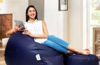 Amazon Brand – Solimo Premium Faux Leather Bean Bag Combo With Footrest & Cushion Combo, Filled With Beans | Capacity: Upto 5.8 Ft Height, 85 Kg Weight | 2Xl | Navy Blue