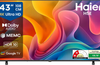Haier 108 Cm (43 Inch) Ultra Hd (4K) Led Smart Google Tv 2025 Edition With Voice Assistance Remote Control Hdr10 Memc Dolby Audio Total Sonic Chromecast Built-In Dual Band Wi-Fi 2Gb Ram + 32Gb Rom(43H5E)