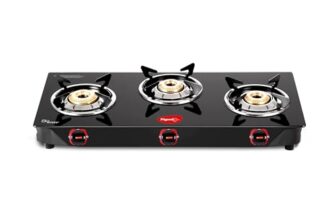 Pigeon By Stovekraft Aster 3 Burner Gas Stove With High Powered Brass Burner Gas Cooktop, Cooktop With Glass Top And Powder Coated Body, Black, Manual Ignition, Standard (14267)