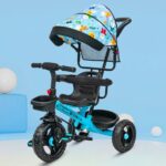 Kidsmate Deluxe 4-In-1 Tricycle For Kids With Adjustable Canopy | Durable Plug & Play Baby Trike With Safety Rail & Push Handle For Parents | Safe & Comfortable Ride For Toddlers 12-48 Months – Blue