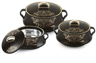 Cello Midas Insulated Inner Steel Casserole Set Of 3, Black, (500Ml, 1000Ml, 1500Ml)| Hot Box For Kitchen | Hot Pot For Home | Chapati Box | Locks In The Cold & Heat For Long | Serving Bowl With Lid