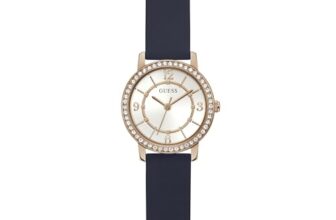 Guess Silicone Women Ladies 25Mm Analog Watch – Navy Strap White Dial Rose Gold Case, Navy, Blue Band