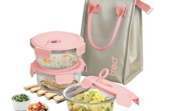 Treo By Milton Lumino Fresh Round Borosilicate Glass Lunch Box Set Of 3, Peach Lid, 400 Ml Each With Lunch Bag, Microwave & Dishwasher Safe, Leak Proof Containers Office Tiffin