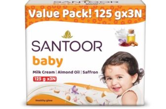 Santoor Baby Bathing Bar Soap With Milk Cream, Saffron, & Almond Oil For Soft & Supple Skin| Gentle & Rich Lathering Formula With Mild Fragrance| 125Gx3