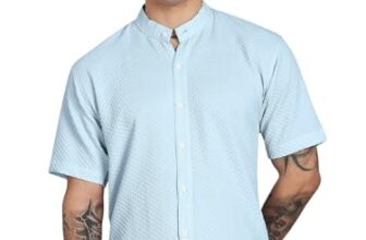 Urban Buccachi Men’S Regular Fit Solid Casual Shirt – Short Sleeve, Mandarin Collar, Lightweight Polyester, Stylish Everyday Wear Sky Blue