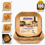 Kcofoil Air Fryer Paper Liners 8×8 Inch | 100 Pcs | Oil Proof Non-Stick Sheets Parchment Paper(Pack Of 100, 100 M)