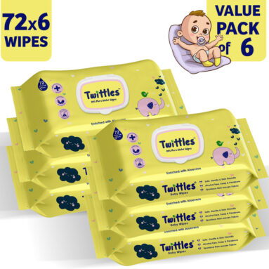 Twittles Soft & Gentle Baby Cleansing Wipes With Lid, 99% Water & Aloe Vera | Pack Of 6(6 Wipes)