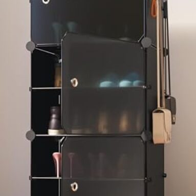 Boxjoy 6 Shelf Black Shoe Rack With 3 Doors, Magnets, 5 Hook Steel Holder & Wooden Hammer Home Storage Pp Plastic Organizer With Metal Door Frame And Foots For Chappal Slipper Sandals Shoes Box Stand