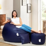 Amazon Brand – Solimo Premium Faux Leather Bean Bag Combo With Footrest & Cushion Combo, Filled With Beans | Capacity: Upto 5.8 Ft Height, 85 Kg Weight | 2Xl | Navy Blue