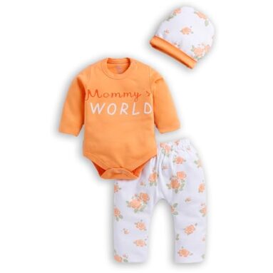Tinyo Kid’S Regular Bodysuit, Trouser With Cap For Baby Boys & Girls (Tys90654Xxubdc_Orange 00-03 Months)
