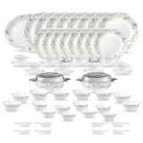 La Opala Diva Classique Collection Opal Glass Crockery | For Family Of 8 | Dinner Set 61 Pcs Morning Glory | Plates & Bowls For Dining | Microwave Safe | 100% Vegetarian | Extra Strong | White