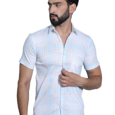 Indian Needle Blue Checked Half Sleeve Cotton Shirt For Men (Blue, Xl)