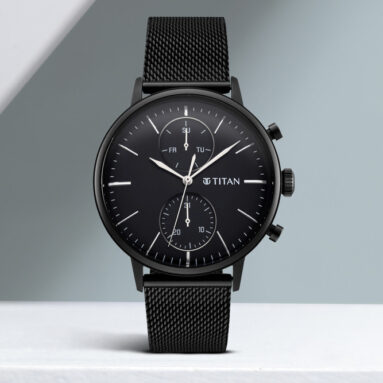 Titan Nq90135Nm01 Titan Light Leathers Multifunction Black Dial Black Ss Strap Analog Watch  – For Men