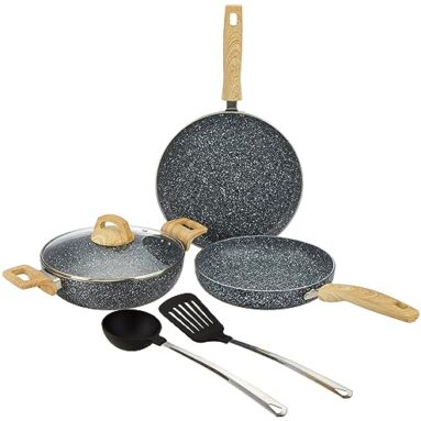 Amazon Basics Granite Finish Non Stick 5 Pcs Induction Base Cookware Set-Granito Grey (24Cm Fry Pan, 24 Cm Kadai, 28Cm Tawa And 2 Nylon Spatulas)