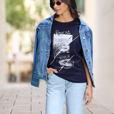 Roadster Printed Women Round Neck Dark Blue T-Shirt