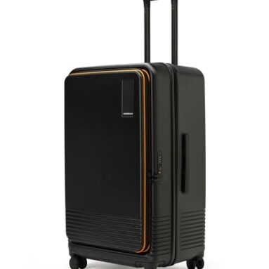 Mokobara The Access Trunk Expandable Luggage – Black | Unisex Polycarbonate Hardshell Sided Inline Suitcase With Built In Tsa Lock Travel Inline Suitcase (Black And Yellow) H-77 Cms Large