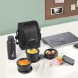 Cello All In One Lunch Box With Fabric Bag, Black | 3 Microwave Safe Inner Steel Container (550Ml,375Ml,225Ml), 1 Pickle Box 175Ml & Steel Bottle 900Ml | Air Tight Leak Proof Tiffin Box Set For Office