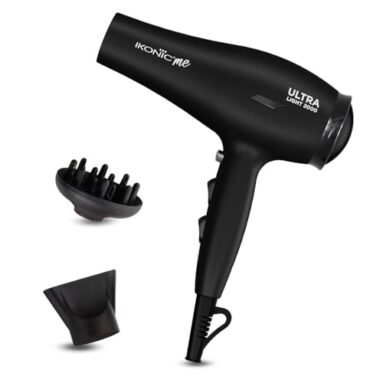 Ikonic Ultralight Professional Hair Dryer 2000 Watts With Nozzle, Diffuser, Hot And Cold Air Feauture, 2 Speed 3 Heat Settings With Cool Shot, Hanging Loop, For Both Men And Women, Suitable For All Hair Types, 1 Yr Warranty Black